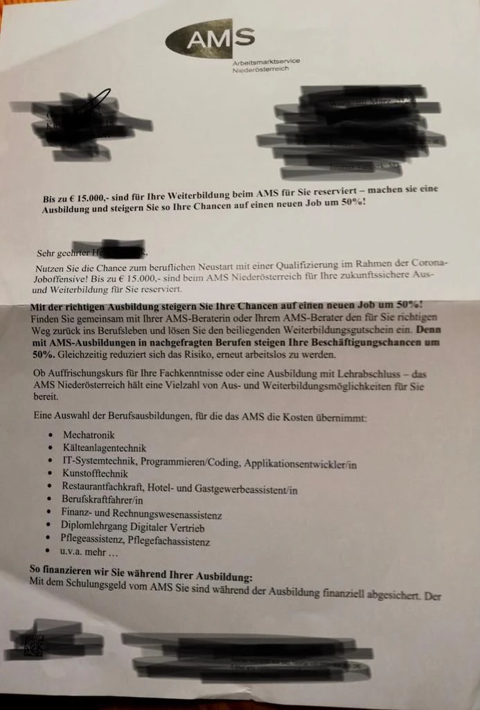 Das Angebot an den Koch des Betriebes in NÖ.