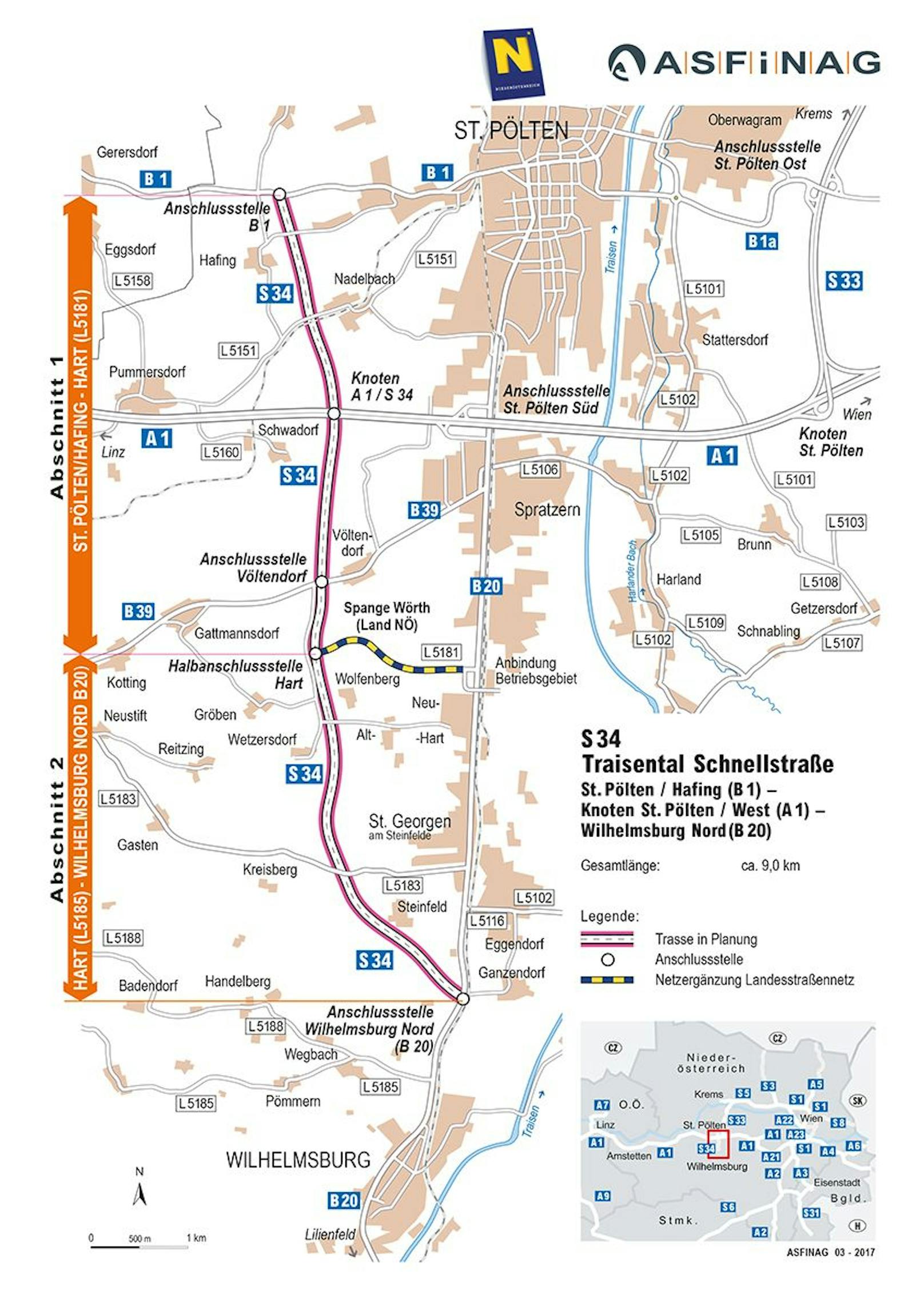 Streckengrafik S 34 St. Pölten/Hafing bis Wilhelmsburg.