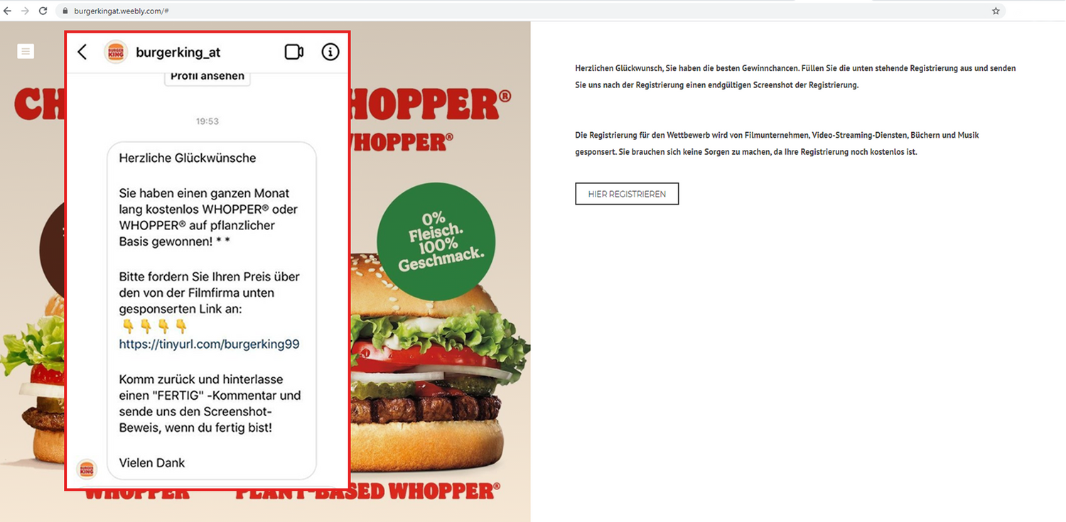 Das Burger King Fake-Gewinnspiel, das auf Social Media kursiert, ist eher schlecht aufgemacht