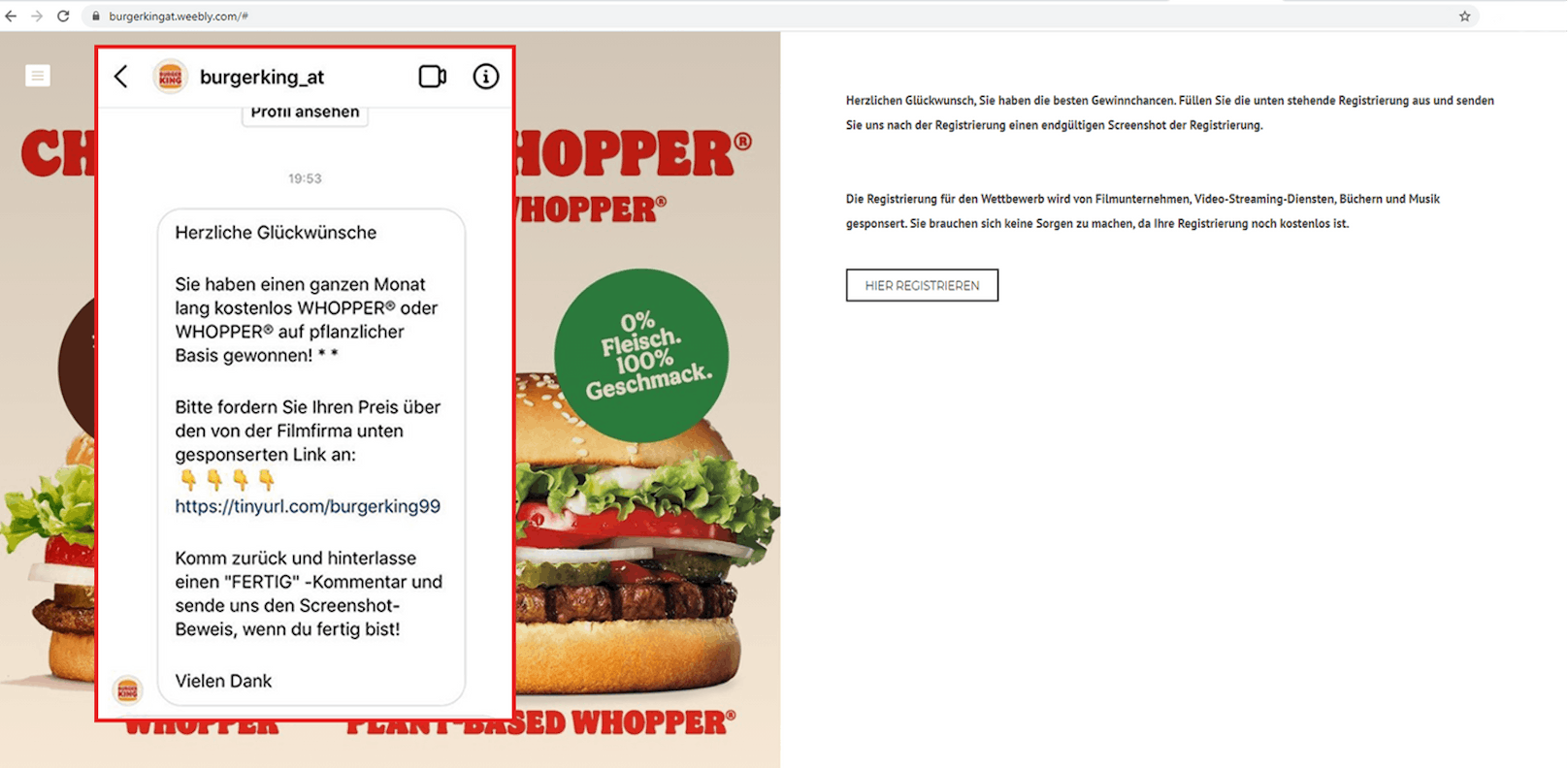 Das Burger King Fake-Gewinnspiel, das auf Social Media kursiert, ist eher schlecht aufgemacht.