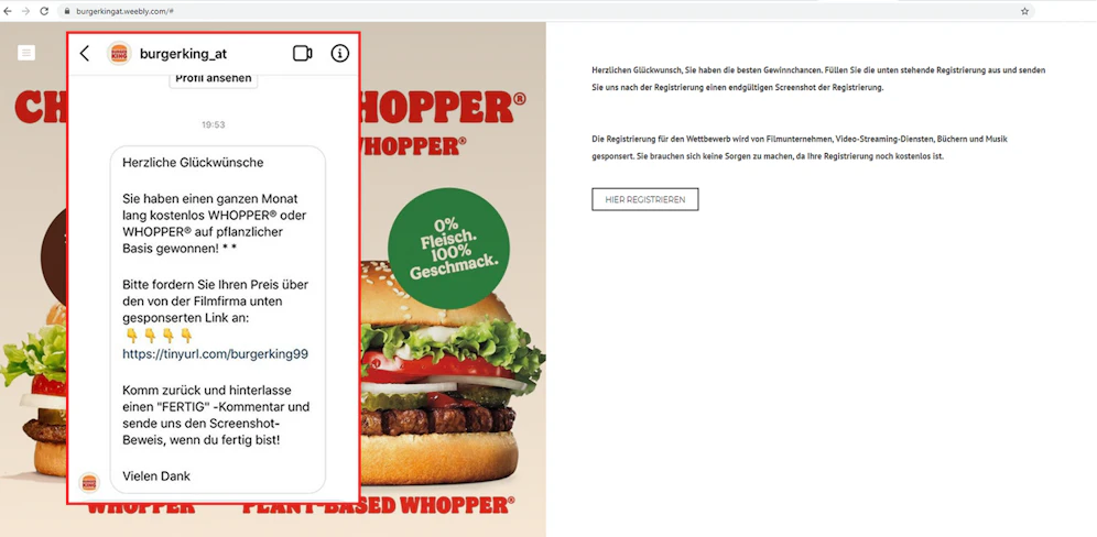 Das Burger King Fake-Gewinnspiel, das auf Social Media kursiert, ist eher schlecht aufgemacht.