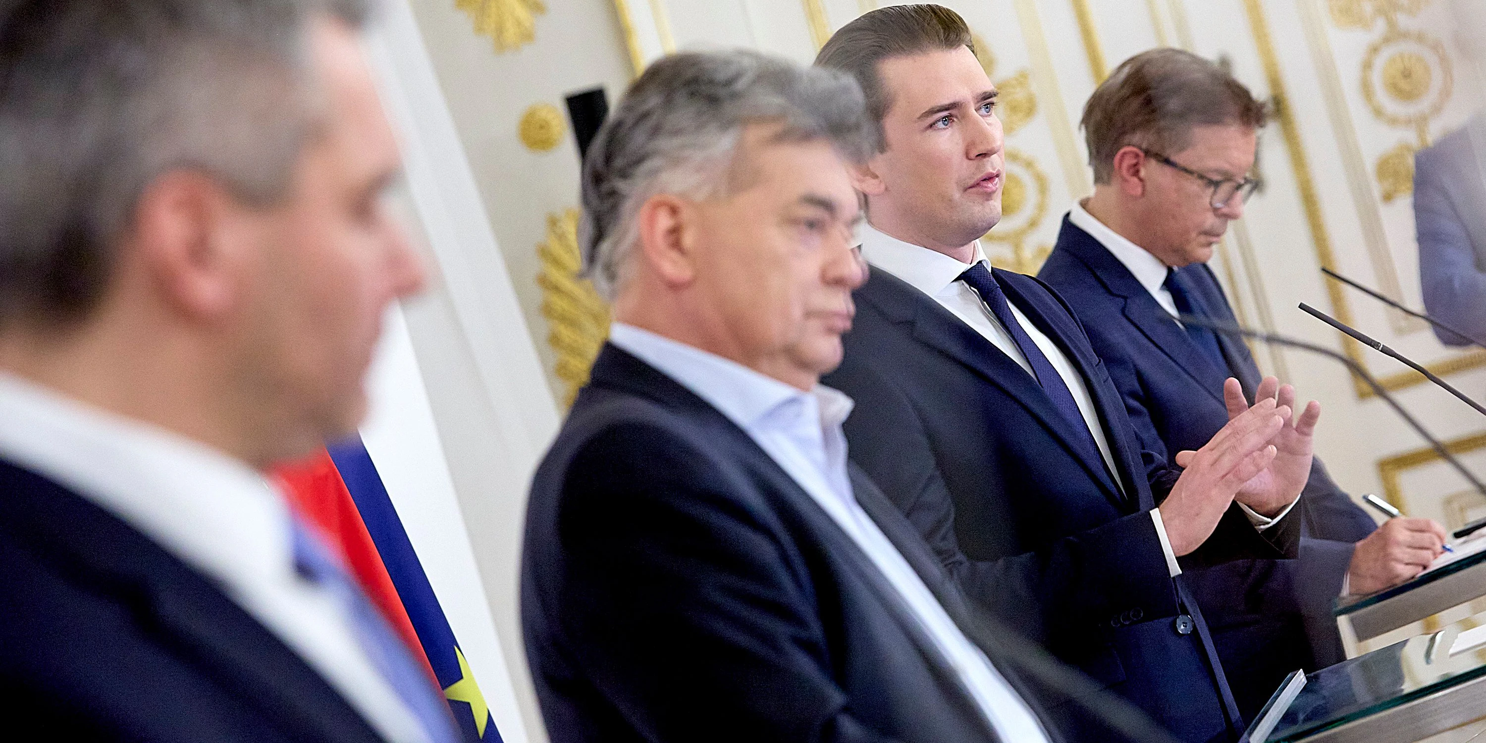 Innenminister Nehammer, Vizekanzler Kogler, Bundeskanzler Kurz und Gesundheitsminister Anschober.