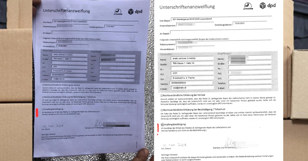 Die Unterschriftenanzweiflung die die Wienerin unterschrieb, und wie sie der DPD vom Boten übermittelt wurde