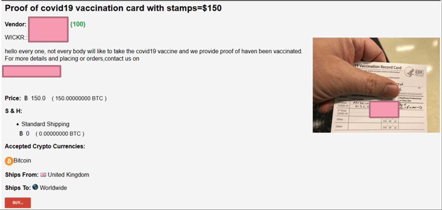 "Hallo zusammen, nicht jeder wird die Covid19-Impfung bekommen und wir übermitteln Beweise, dass Sie dennoch geimpft wurden", heißt es in diesem Angebot. Im Bild ist eine US-Impf-Bescheinigung zu sehen.