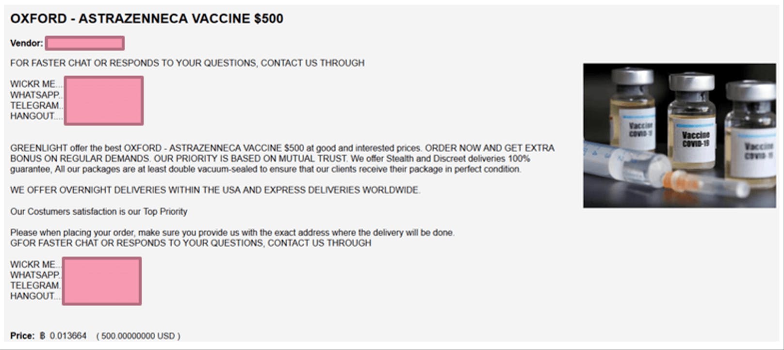 Der Screenshot zeigt ein Angebot des AstraZeneca-Impfstoffs für 500 Dollar.