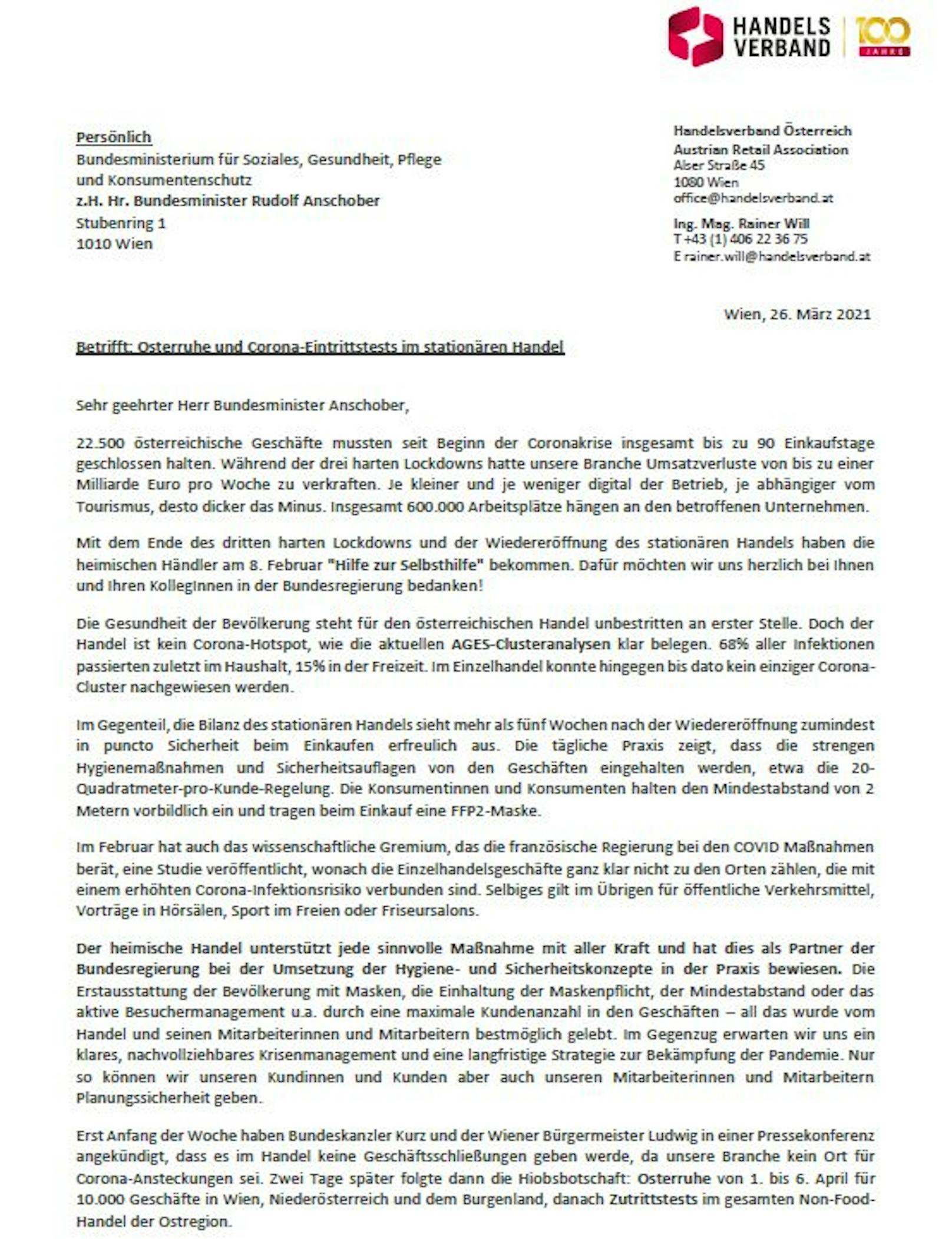 Der offene Brief des Handelsverbands an Gesundheitsminister Rudolf Anschober.