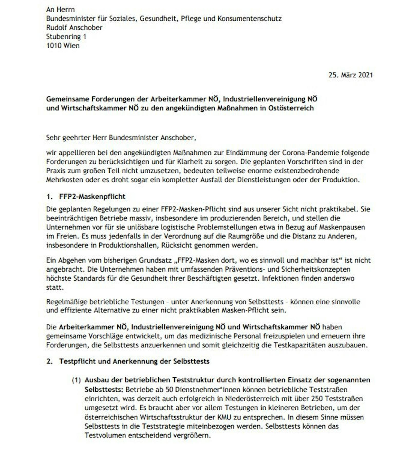 Der Brief an Gesundheitsminister Rudolf Anschober.