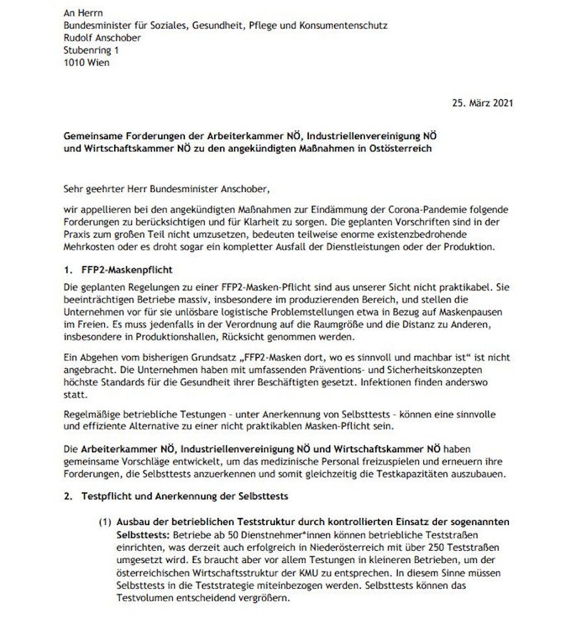 Der Brief an Gesundheitsminister Rudolf Anschober.