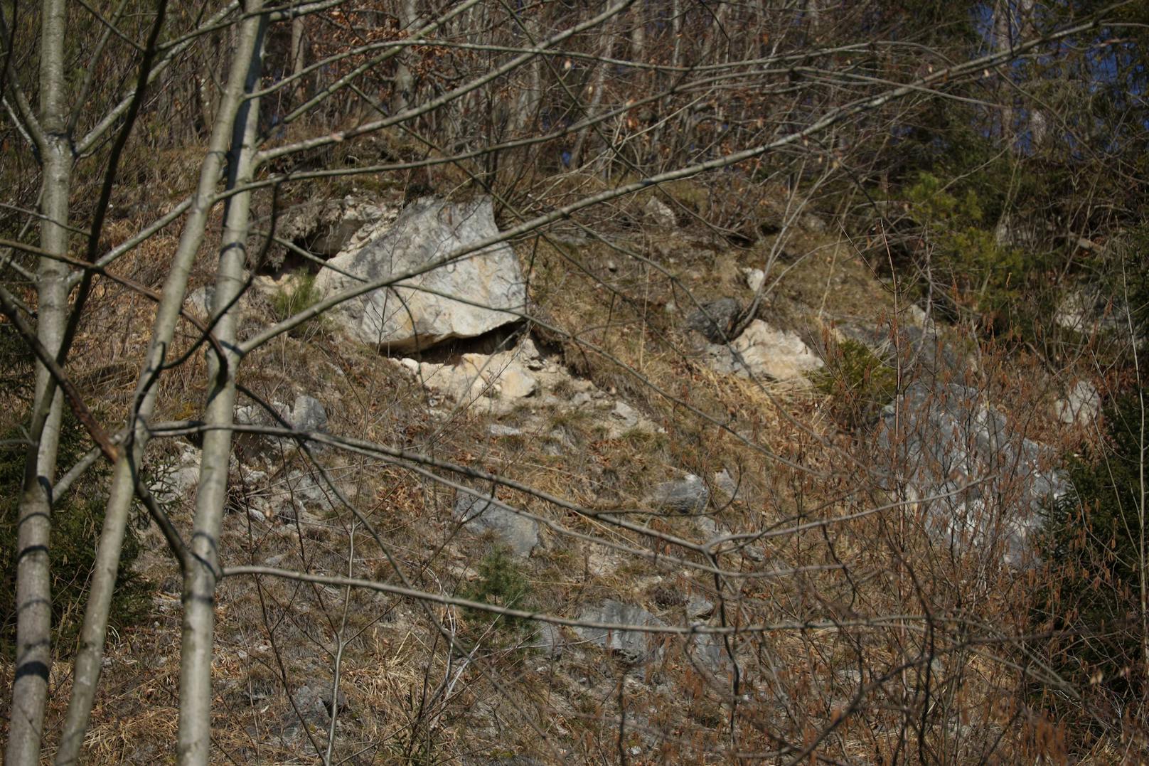 Direkt hinter der Zentrale der Bergrettung befindet sich der tonnenschwere Felsbrocken, der gesprengt werden muss.