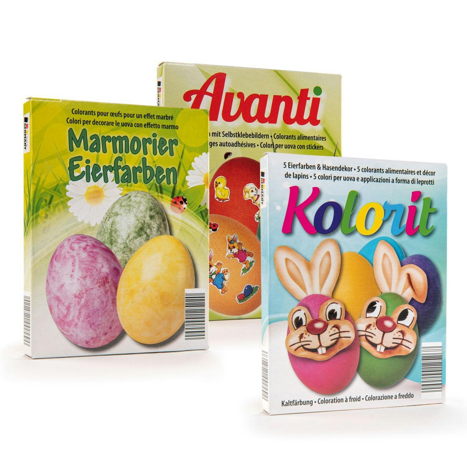 "Marmorier Eierfarben" und "Avanti3", ebenfalls von HOFER. ("Kolorit" bekam kein grünes Licht von Greenpeace.)