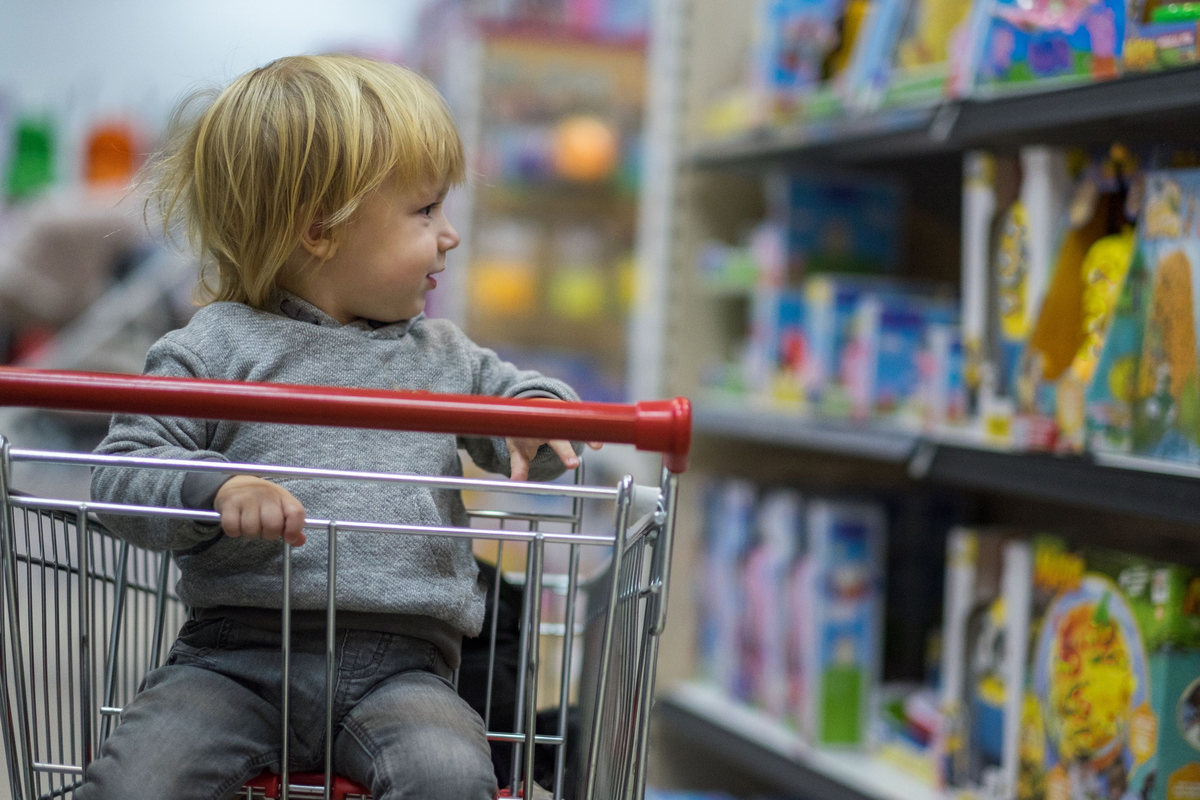 little boy is looking and chooses toy for him