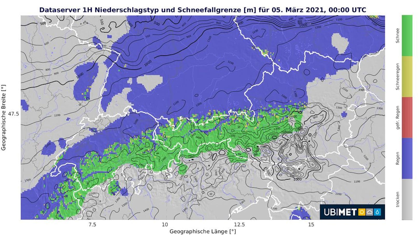 Regen (blau) und Schneefall (grün) in 6h-Schritten von Donnerstag- bis Freitagabend
