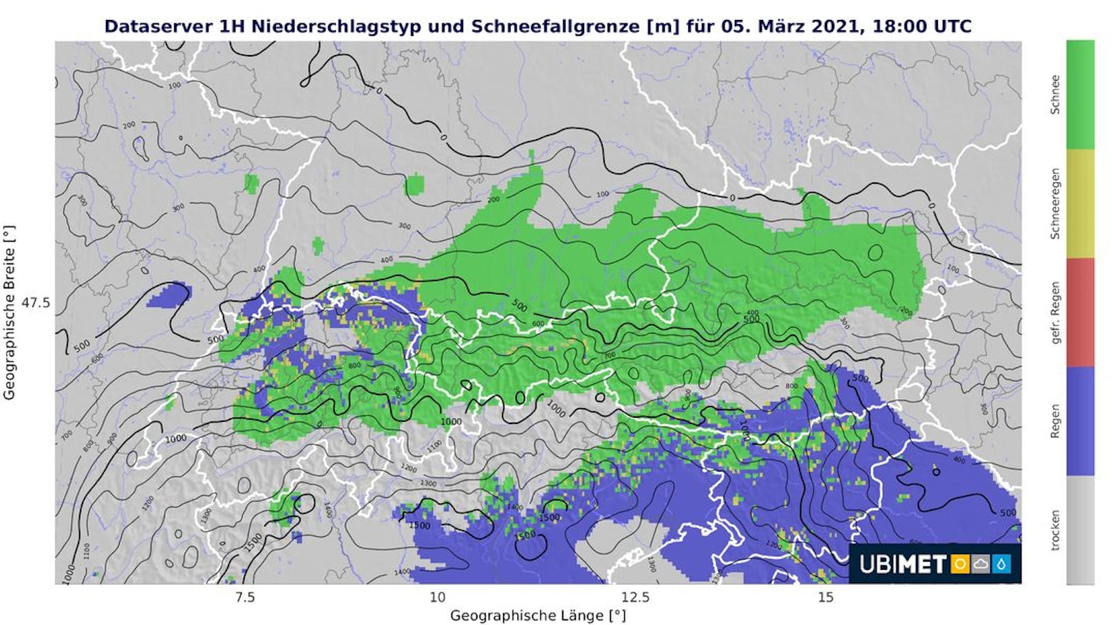 Regen (blau) und Schneefall (grün) in 6h-Schritten von Donnerstag- bis Freitagabend
