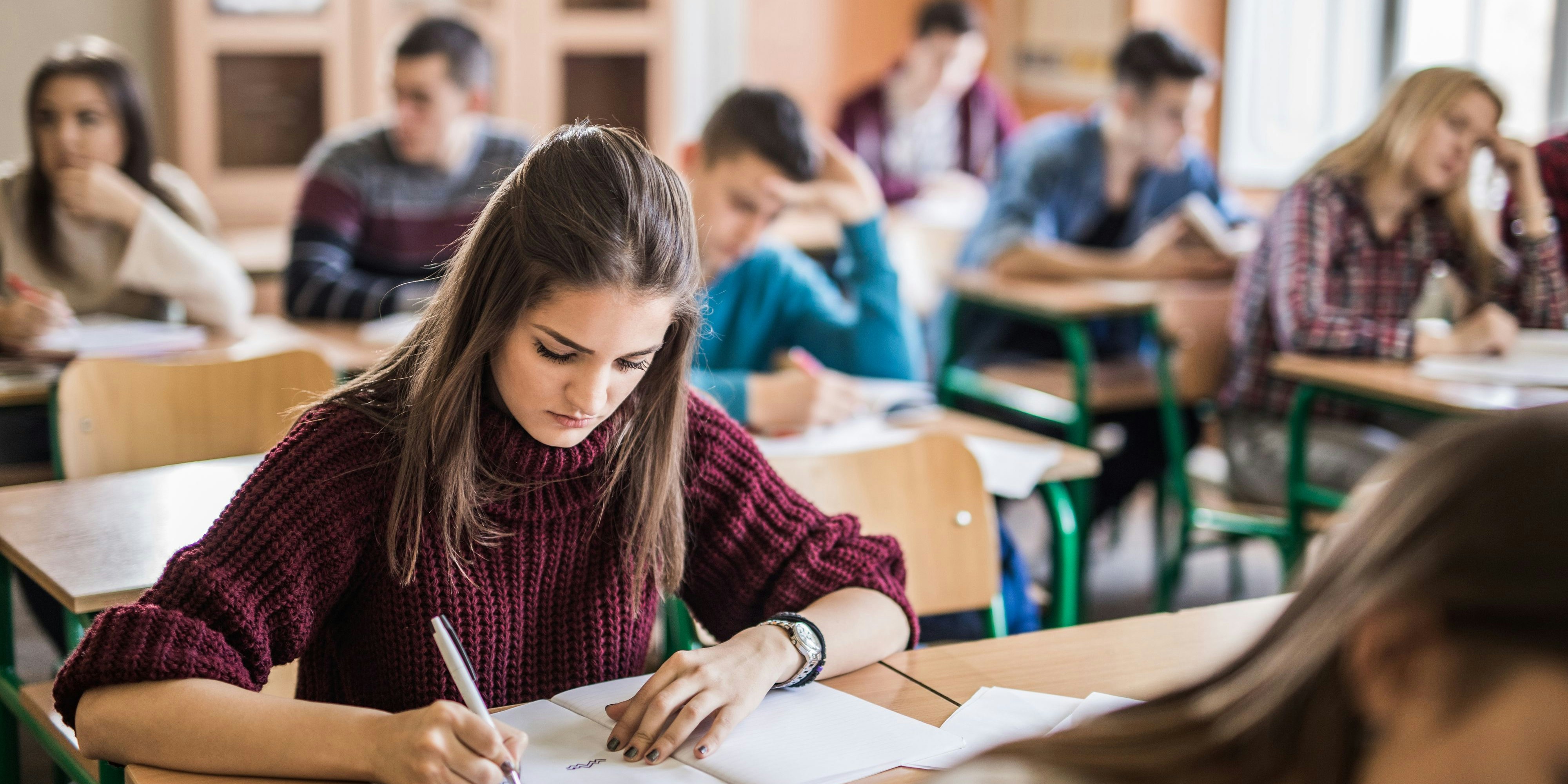 Teenage girl taking notes while sitting in the classroom with her classmates.