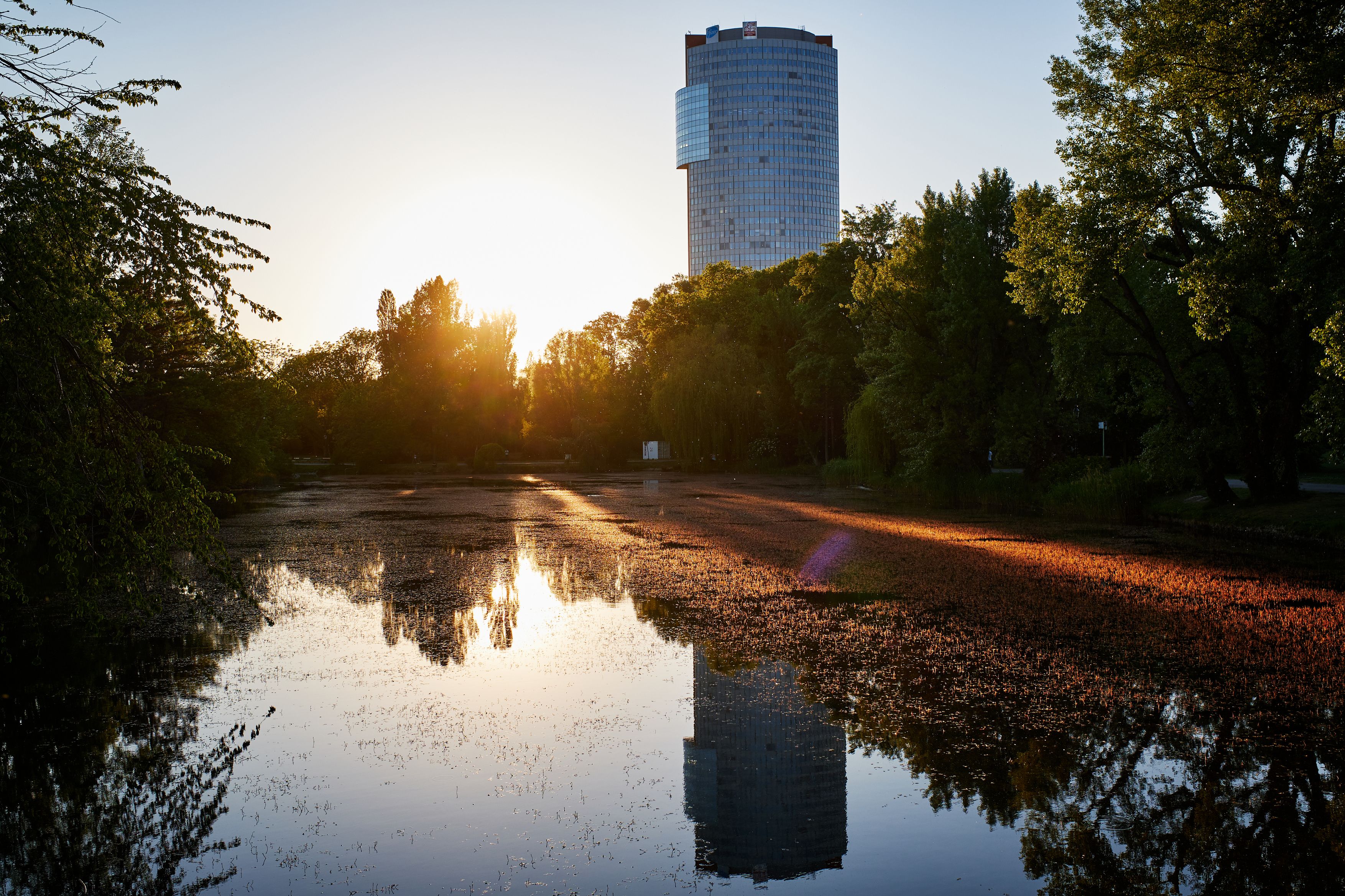 Blick auf den Florido Tower aus dem Wasserpark Floridsdorf