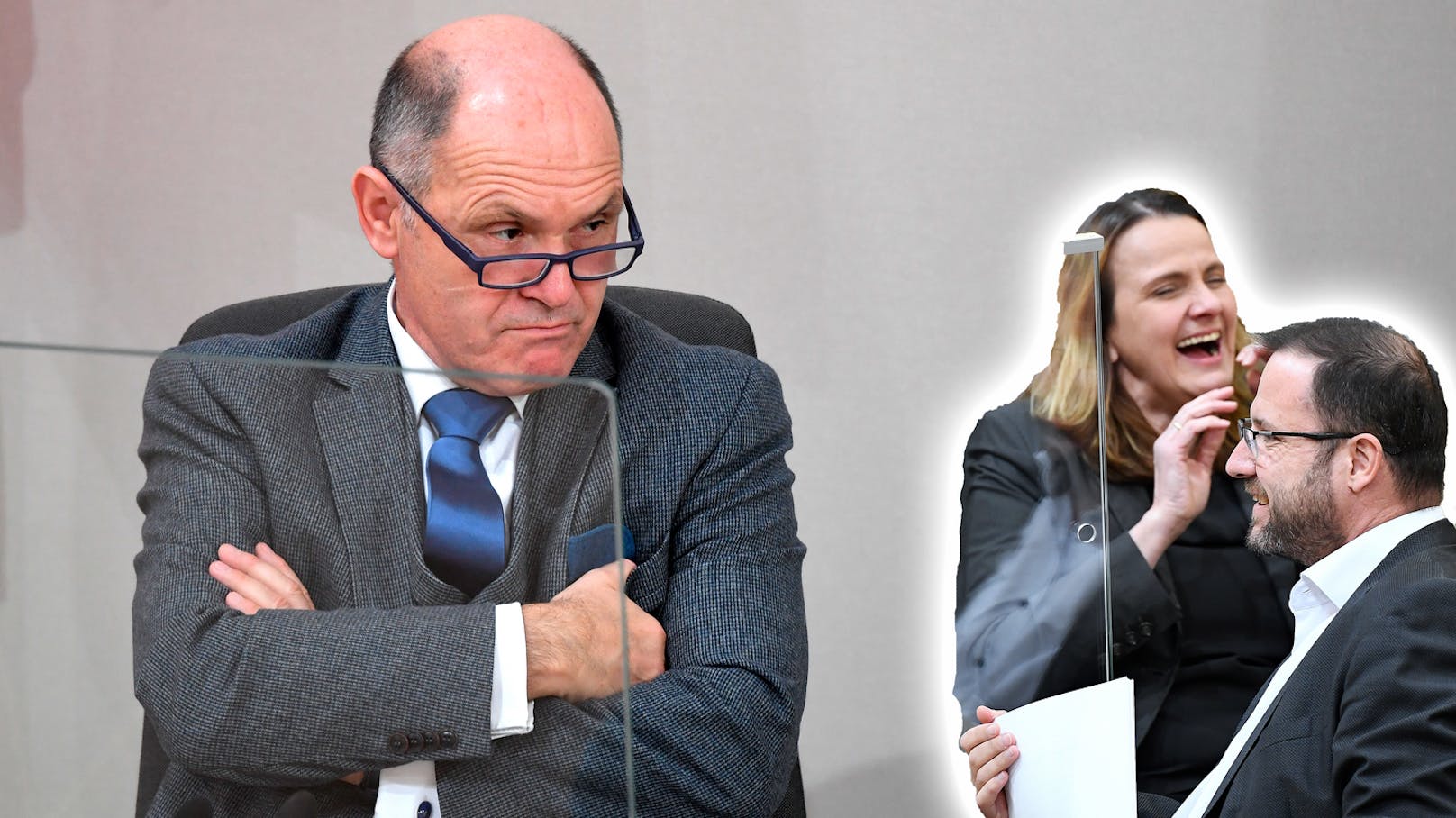 Nationalratspräsident Wolfgang Sobtka stößt sich an den blauen Masken-Rebellen