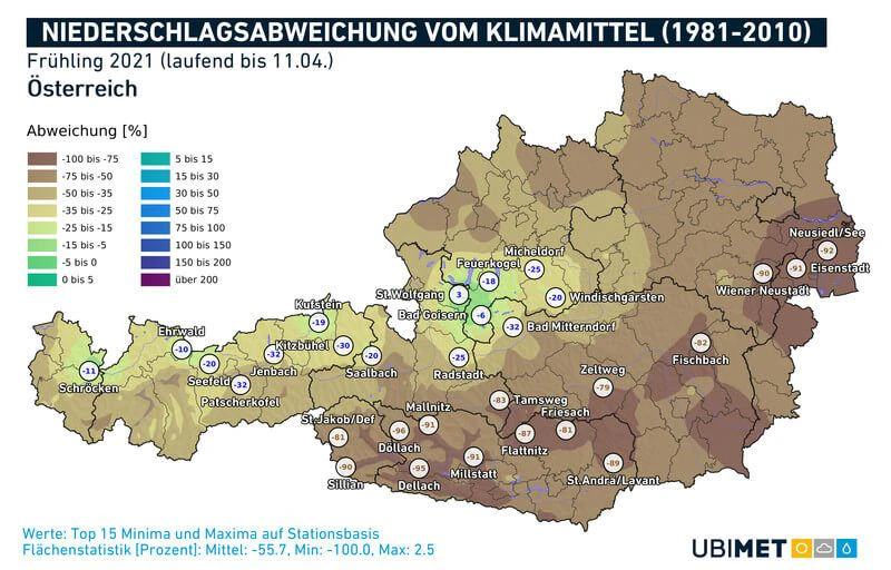 Niederschlagsabweichung vom Klimamittel für den Frühling 2021