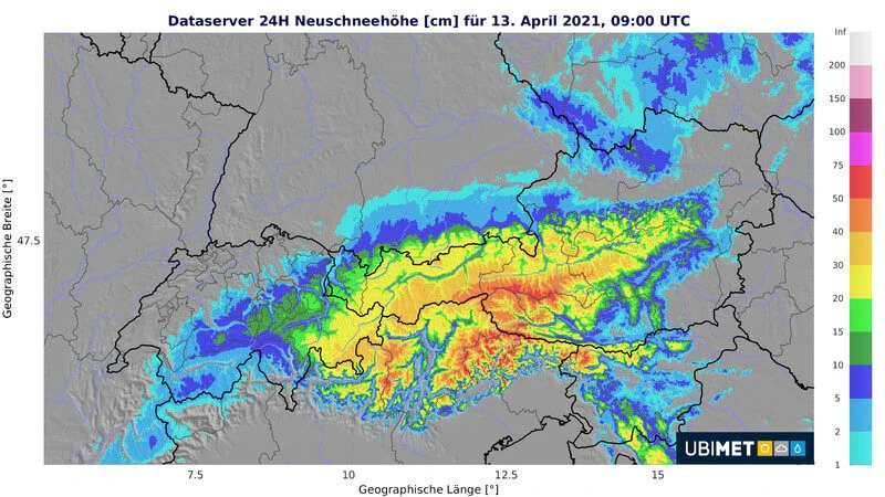 Prognose der Neuschneemenge über 24h bis Dienstagvormittag