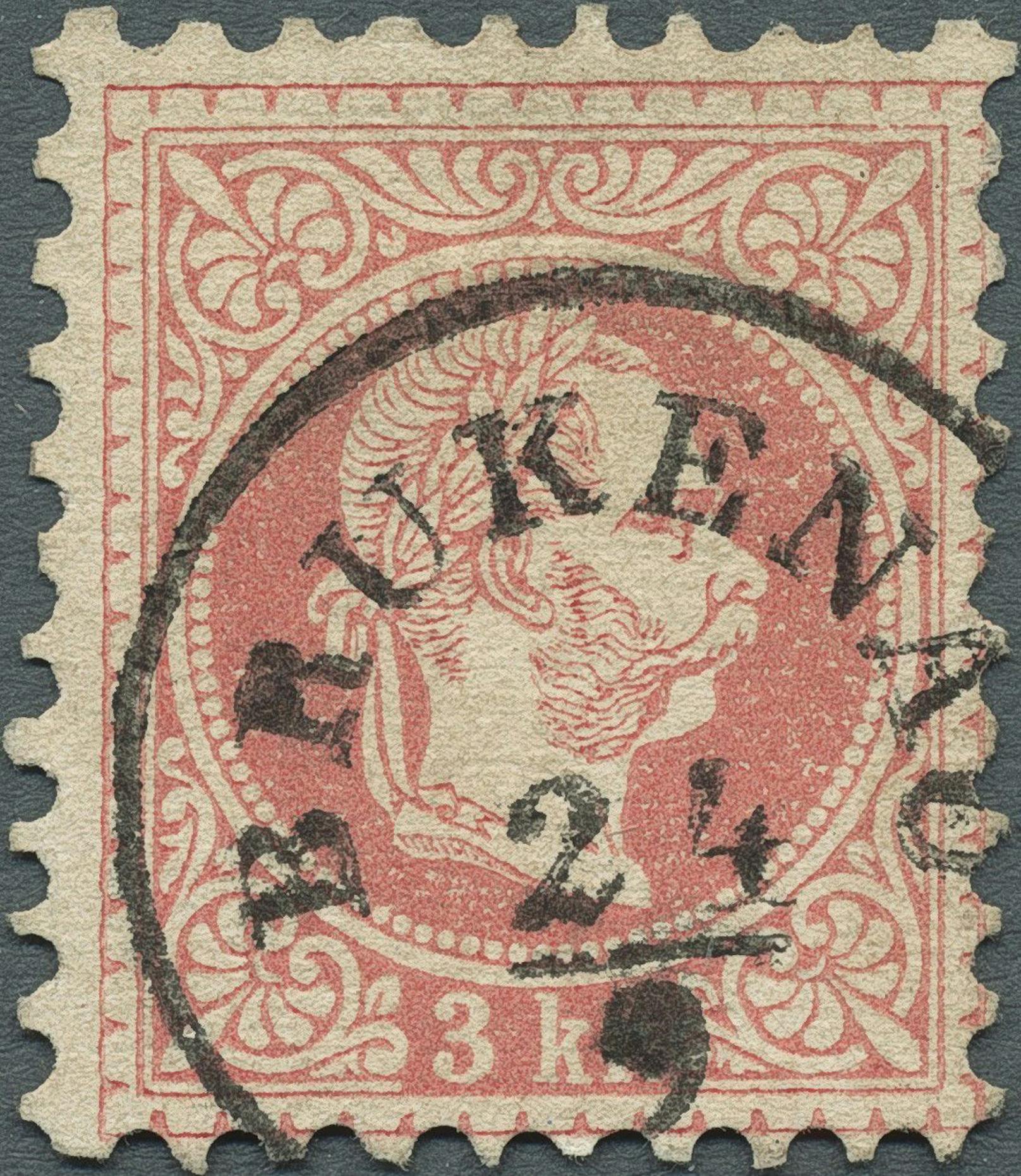 Die teuerste Österreichisch-Ungarische Marke: 3 Kreuzer Farbfehldruck 1867 in Rot statt Grün aus der Sammlung König Carol II von Rumänien.