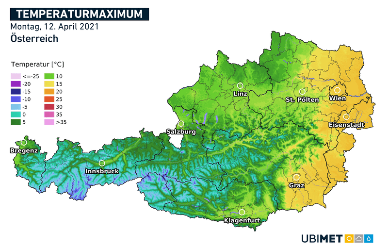Die Temperaturunterschiede zwischen Montag und Dienstag.