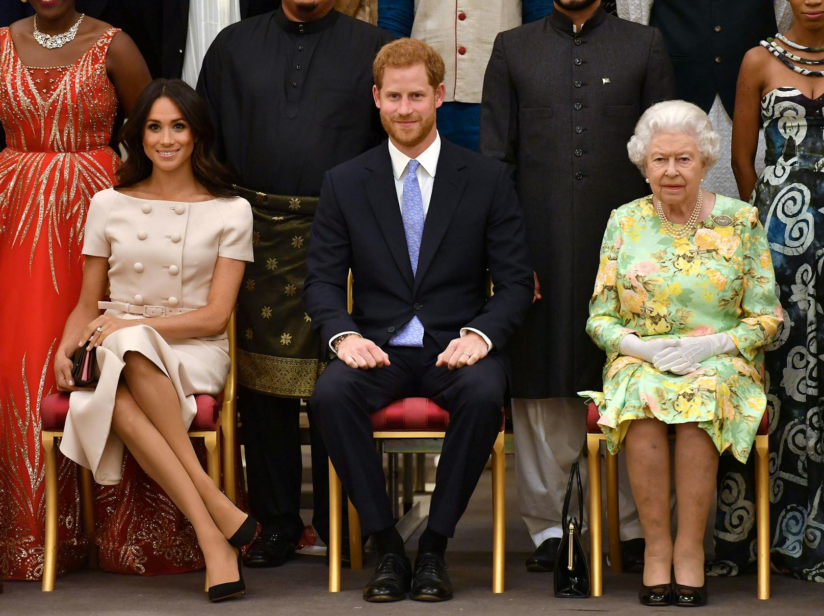 Meghan Markle, Prinz Harry und Queen Elizabeth II.