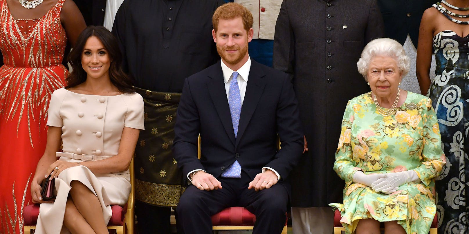 Meghan Markle, Prinz Harry und Queen Elizabeth II.