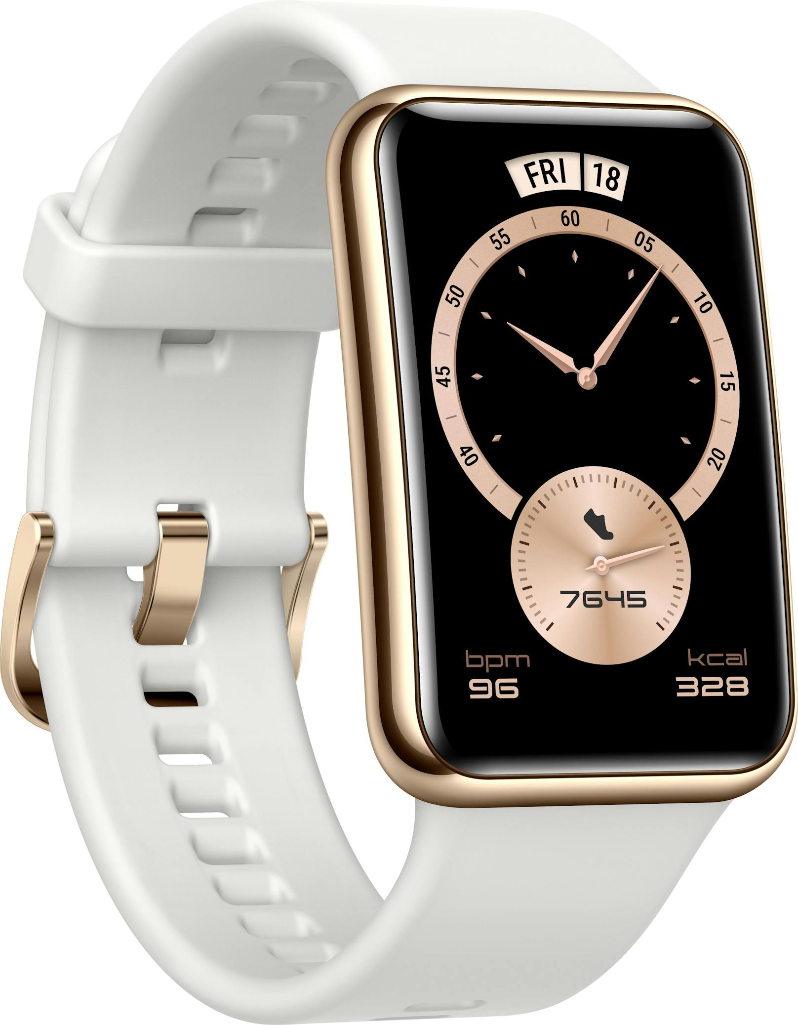Sie ist ein Design-Upgrade der bereits verkauften Huawei Watch Fit mit poliertem Edelstahlgehäuse und Kunststoff-Band.