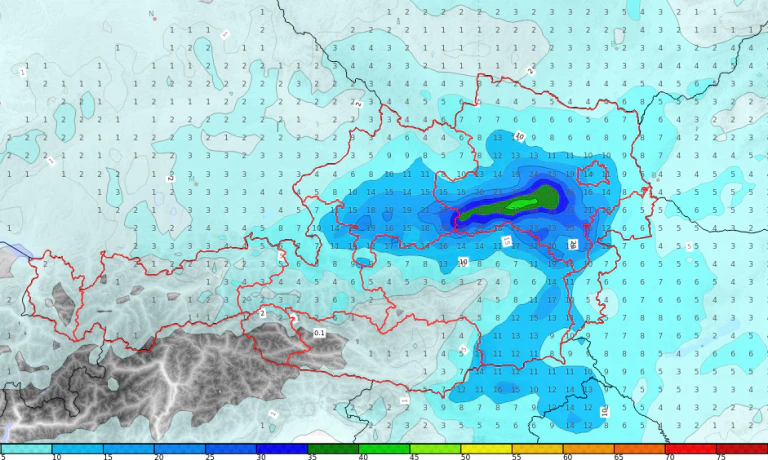 24-h Regenmengen bis Dienstagfrüh (Modell ICON)