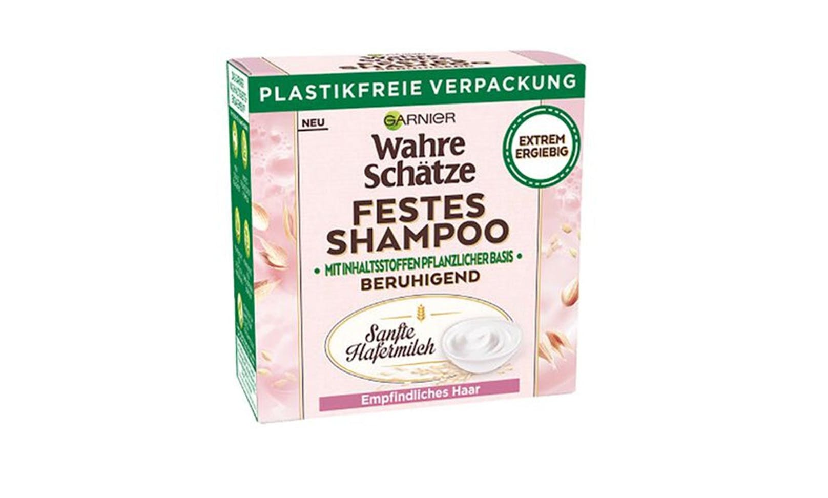 Selbst die umstrittene Marke "Garnier" wirbt nun mit plastikfreier Verpackung. Festes Shampoo um € 5,29.