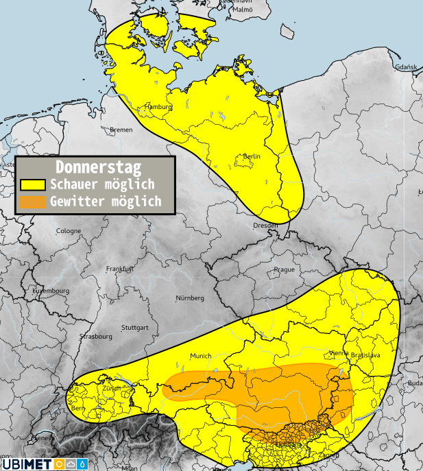 Schauer- und Gewitterrisiko am Donnerstag.