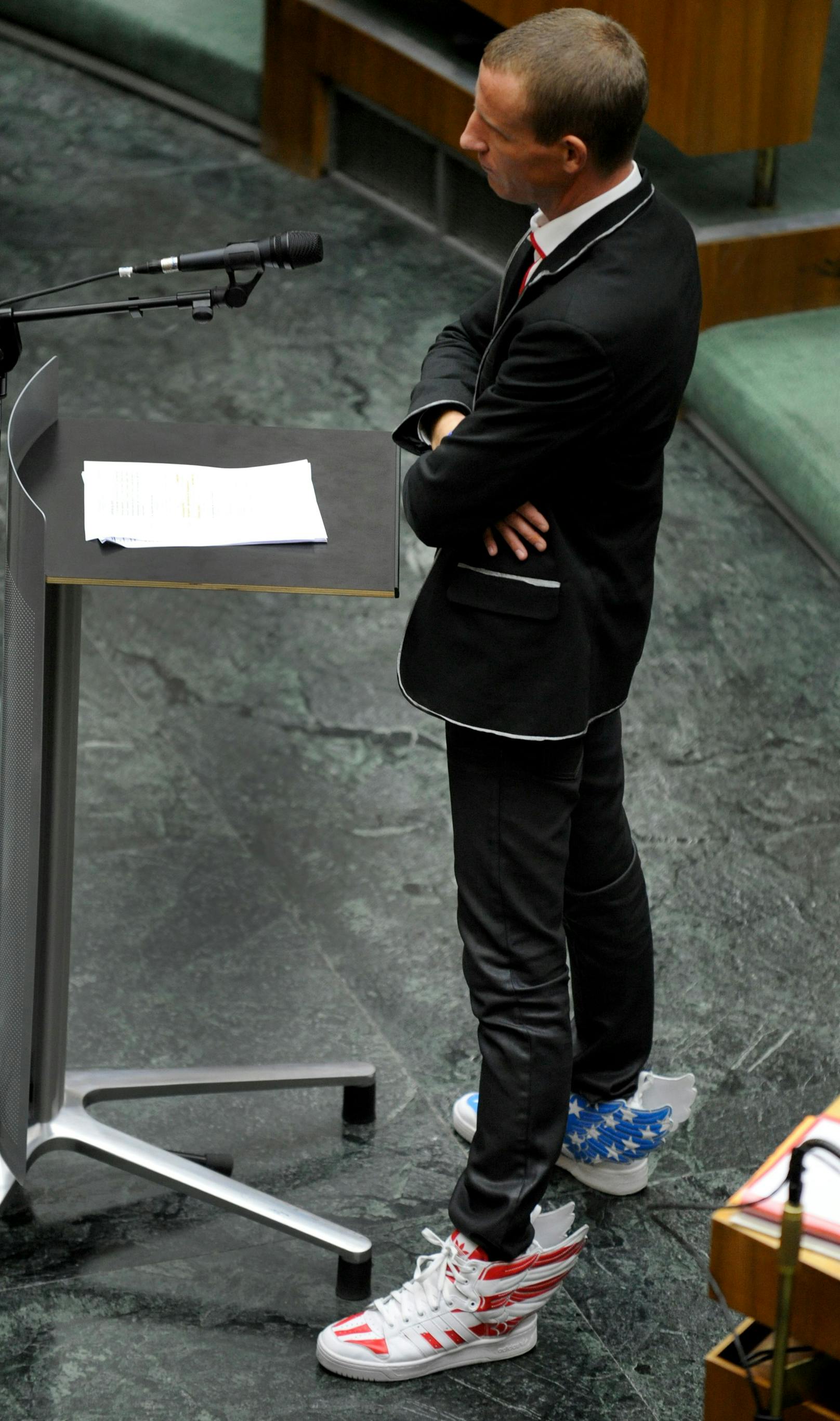 Petzner war schon als Politiker für seine extravaganten Auftritte bekannt. Am 6. Dezember 2012 waren Petzners Flügel-Schuhe Gesprächsthema Nummer 1.