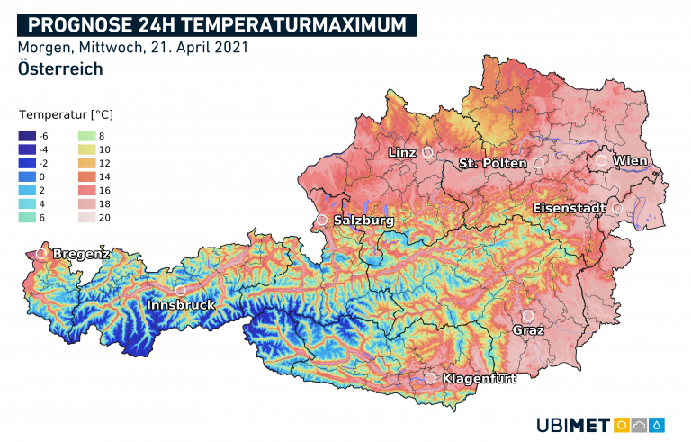 Temperaturmaxima für Mittwoch, den 21. April.