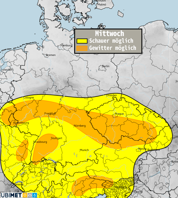 Schauer- bzw. Gewitterwahrscheinlichkeit für Mittwoch, 21. April.