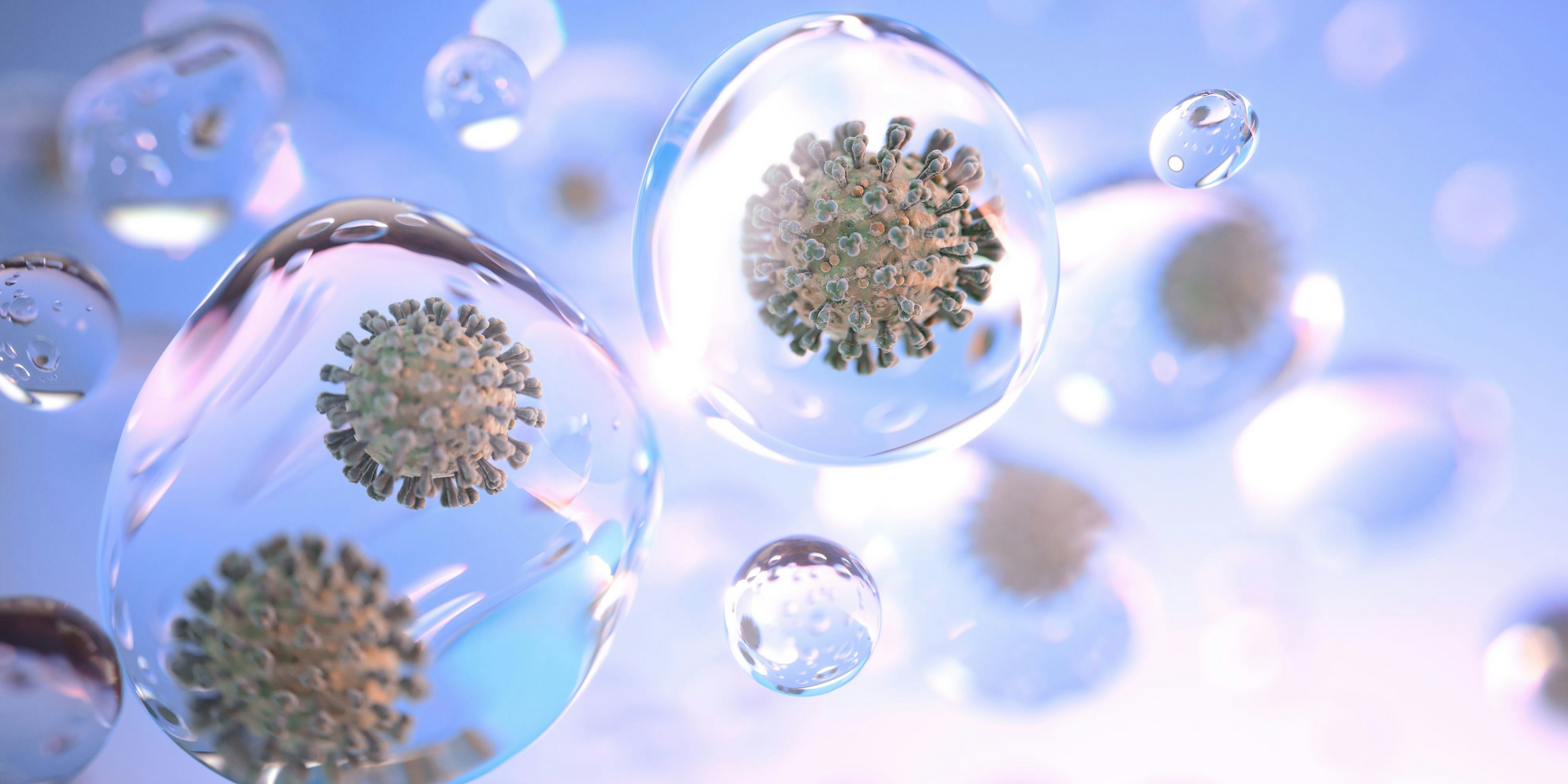 Super-high magnification of coronavirus particles (like the current SARS-CoV-2 pandemic) spread through tiny droplets of liquid (aerosols) floating through the air. Illustration for means of transmission: droplet and aerosolized infection.
