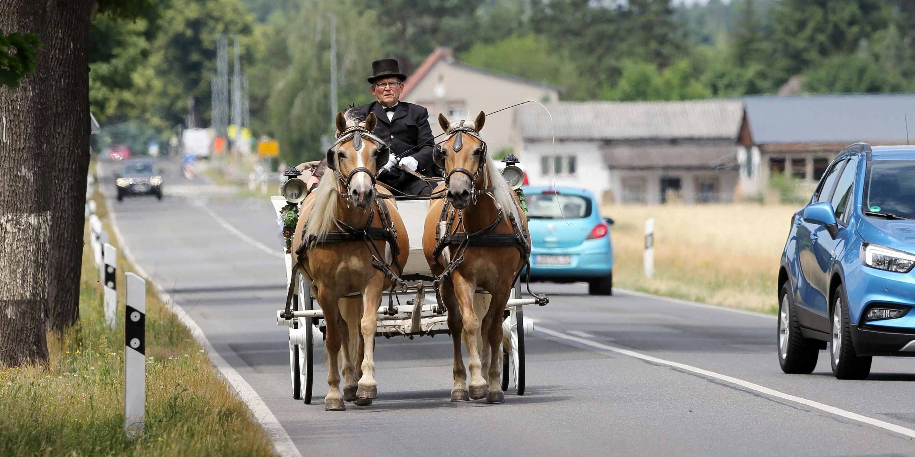 Symbolbild: Eine Zweispänner-Kutsche auf einer Landstraße in Deutschland.