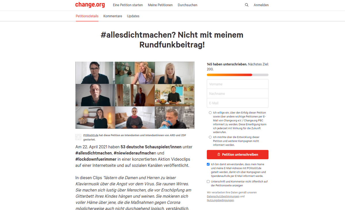 Die Petition «#allesdichtmachen? Nicht mit meinem Rundfunkbeitrag!» auf change.org fordert, dass «ARD» und «ZDF» die Initianten der Social-Media-Aktion boykottieren.