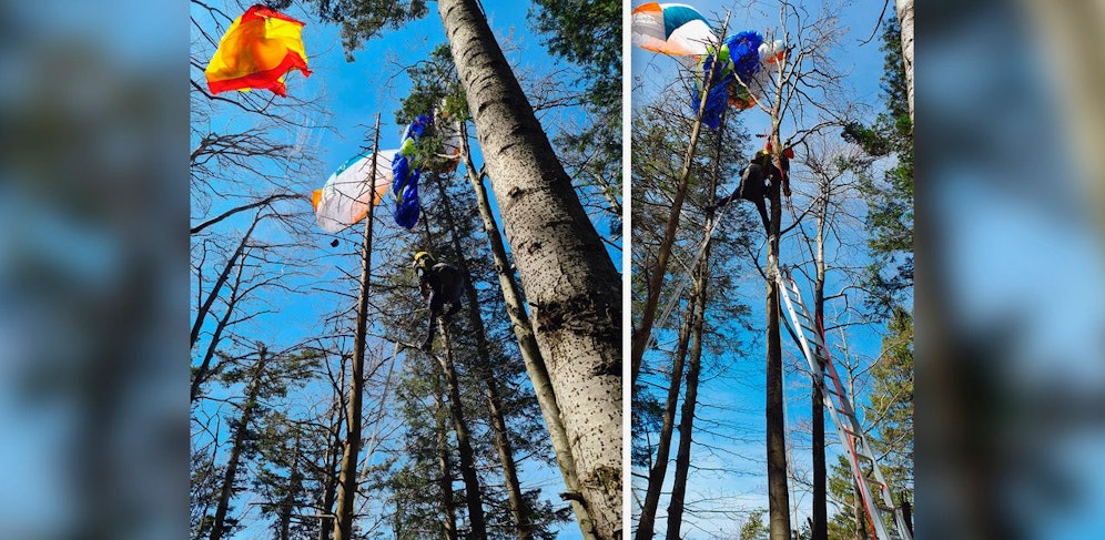 Die beiden Paragleiter krachten über dem Gaisberg zusammen, blieben nach dem Absturz in den Bäumen hängen.
