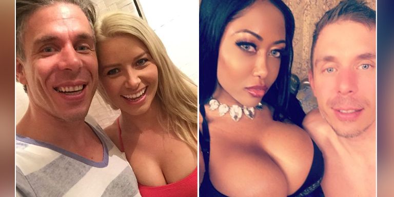 Mick Blue mit seiner Frau Anikka Albrite (li.) und Porno-Star Moriah Mills (re.)