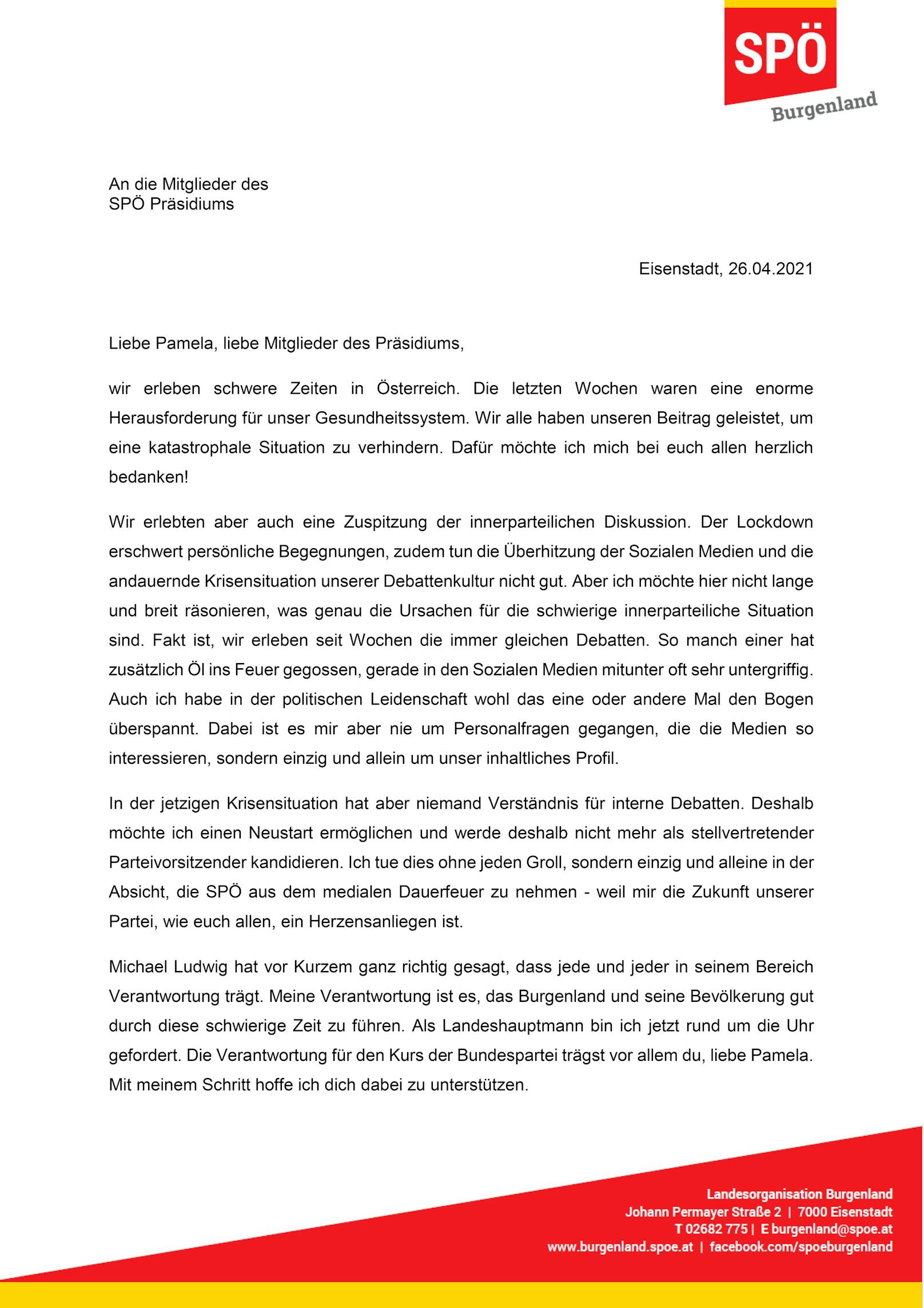 Der Brief von Hans Peter Doskozil an Pamela Rendi-Wagner im Wortlaut