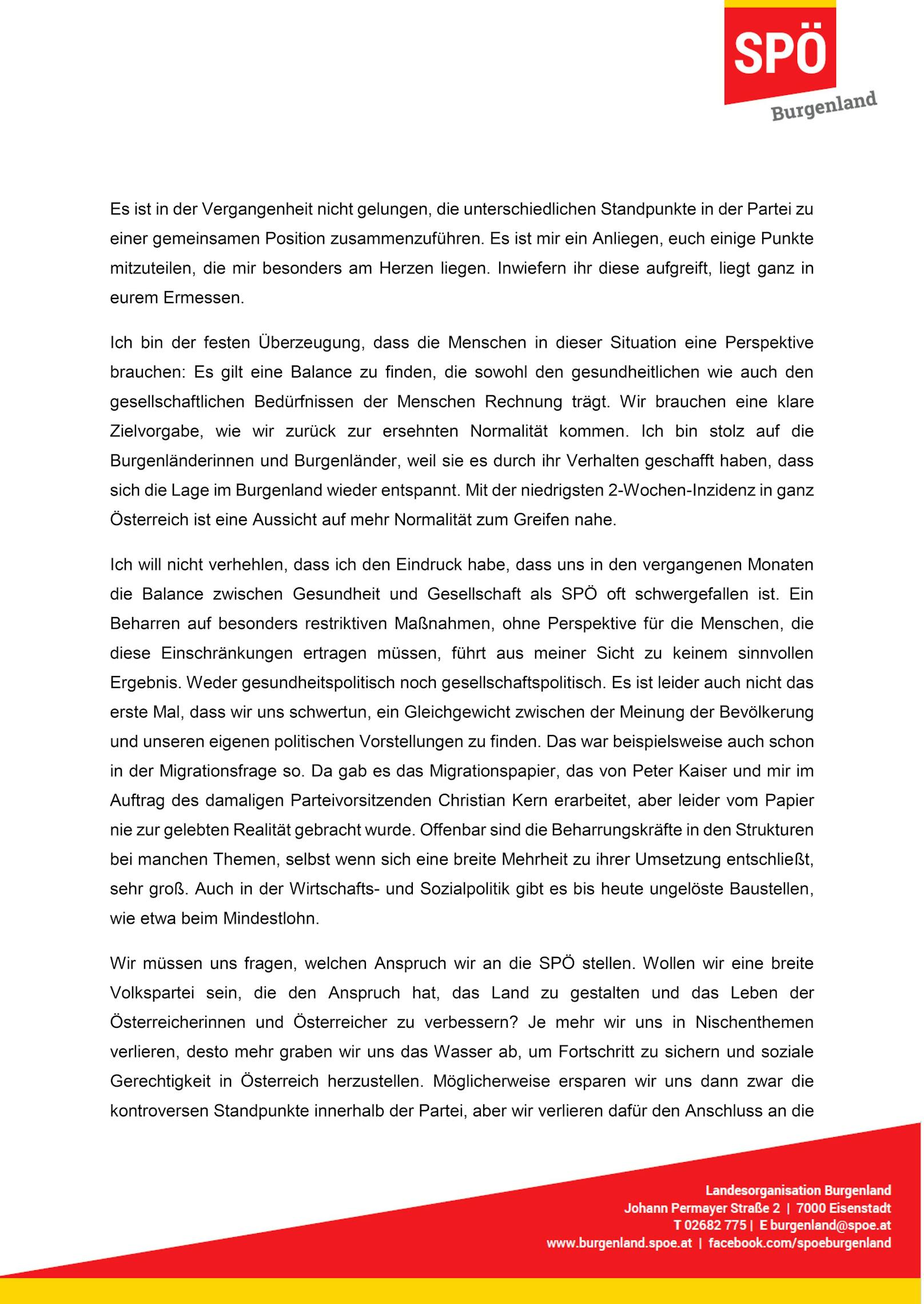 Der Brief von Hans Peter Doskozil an Pamela Rendi-Wagner im Wortlaut