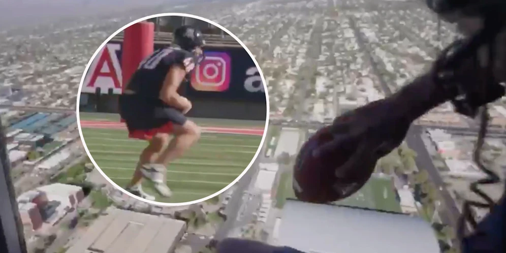 Rob Gronkowski fängt den Ball aus 180 Metern Höhe.