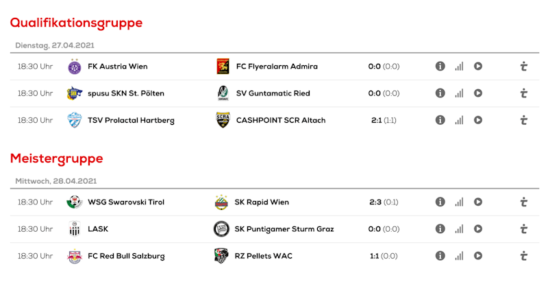 Die Ergebnisse der 28. Runde. Unten die Partien der Meisterrunde. Oben die des Abstiegs-Play-offs.