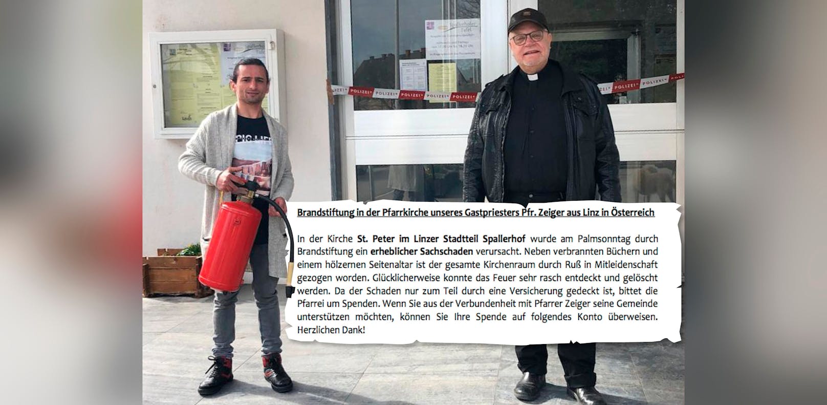 Pfarrer Franz Zeiger (re.) und Moutasem Khadra, der mit einem Feuerlöscher Schlimmeres verhinderte, vor der Kirche. Sogar in Deutschland werden Spenden gesammelt.
