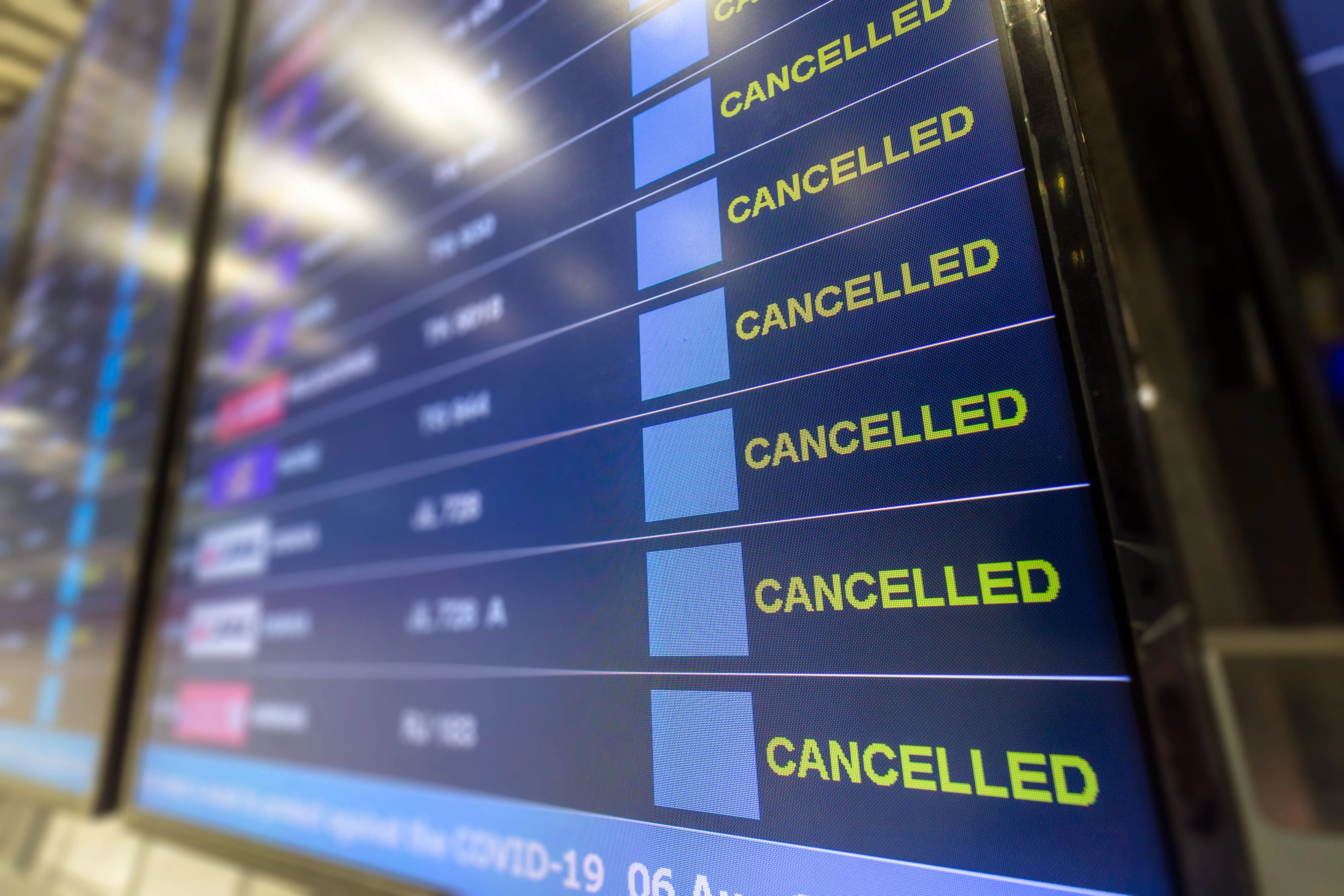 Cancelled all flight on flight information board at airport effect from COVID-19 pandemic situation and lockdown policy