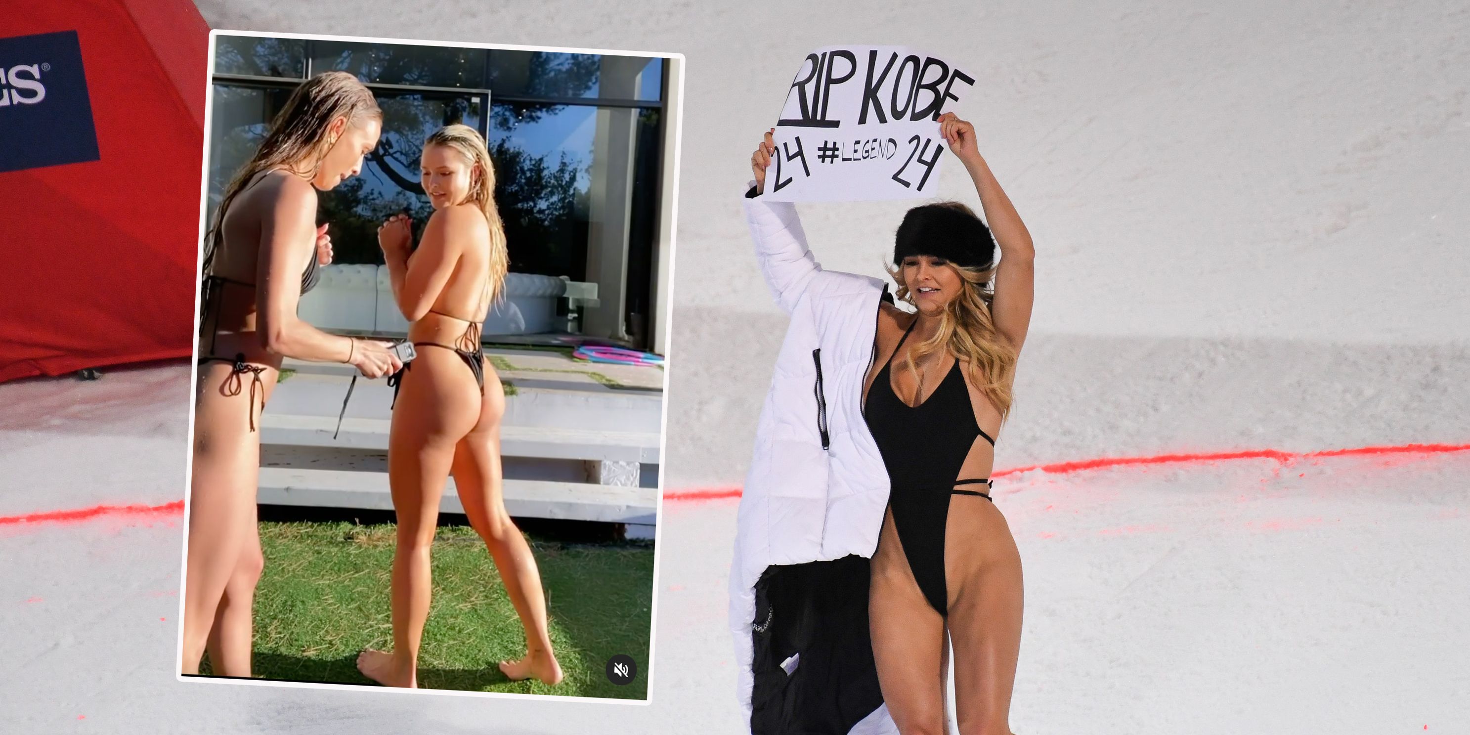 Kinsey Wolanski: Rechts beim Flitzen in Schladming, links bei ihrer eigenwilligen Mutprobe.