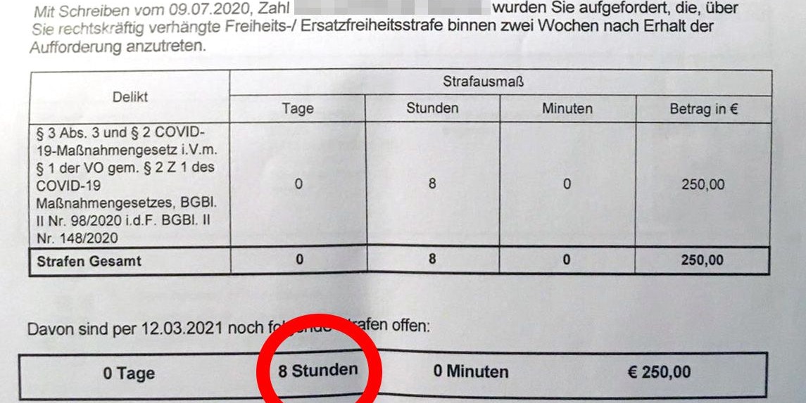 Schwarz auf Weiß: Die Corona-Strafe von acht Stunden.