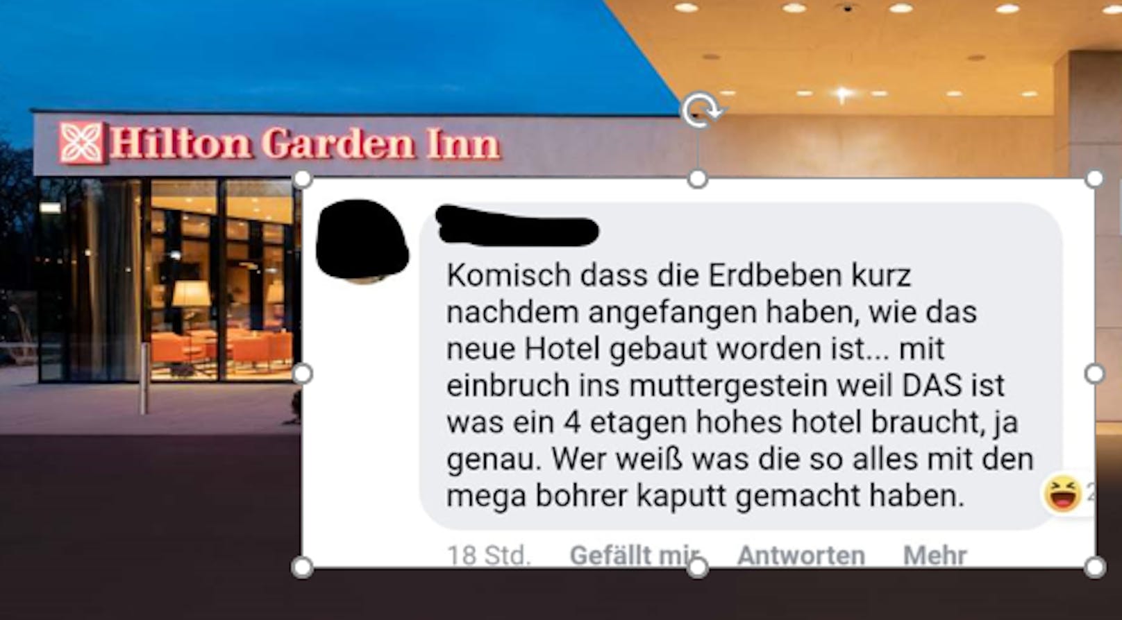 Fb-User gibt Hilton Inn Garden in Wr. Neustadt Schuld am Erdbeben.