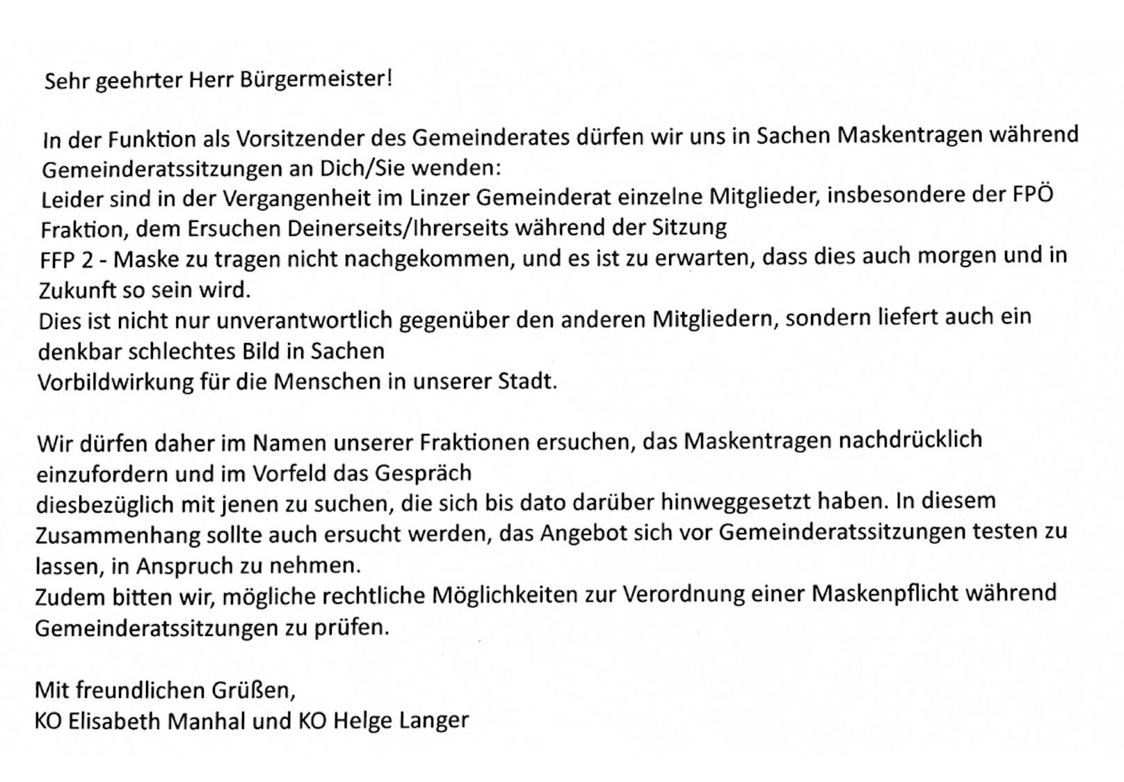 Mit diesem Brief wendeten sich ÖVP und Grüne an Bürgermeister Klaus Luger.