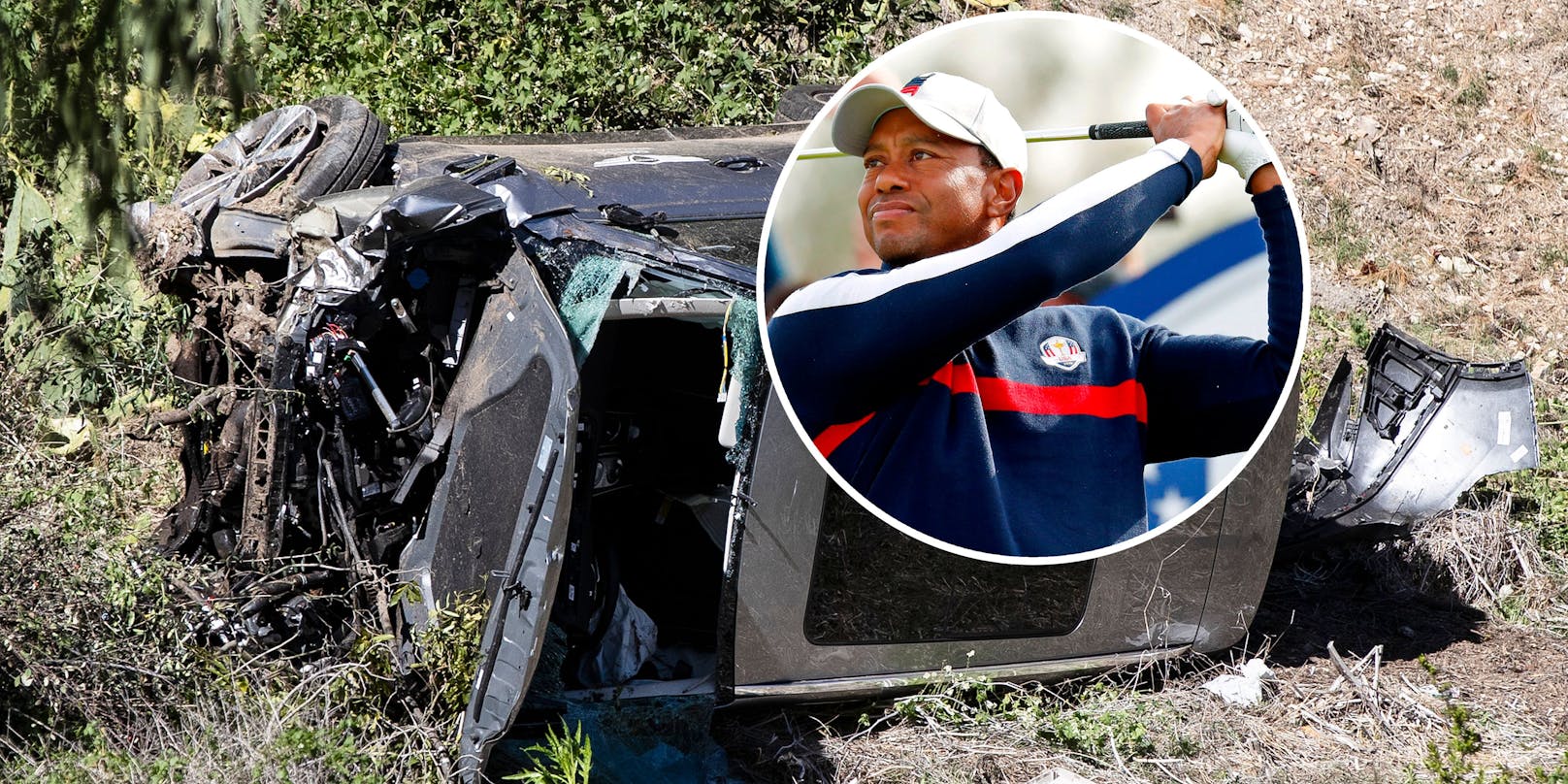 Tiger Woods und das Wrack des Unfall-Autos