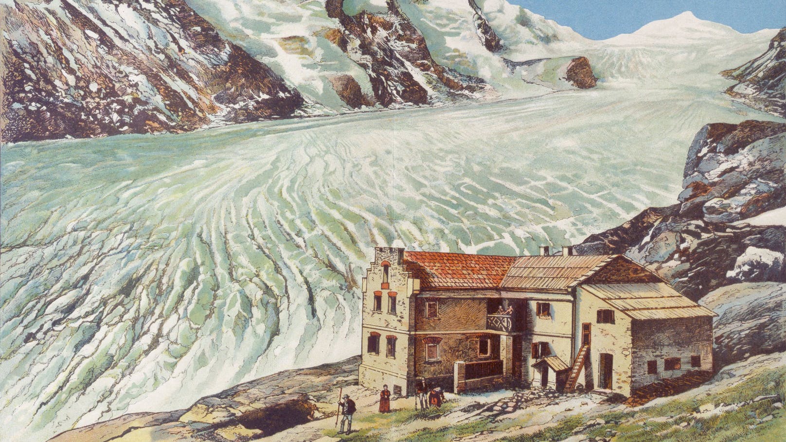 So kennt kein lebender Mensch mehr die Pasterze. Die Farblithographie entstand um <strong>1880</strong> und zeigt den riesigen Gletscher und das Glocknerhaus.
